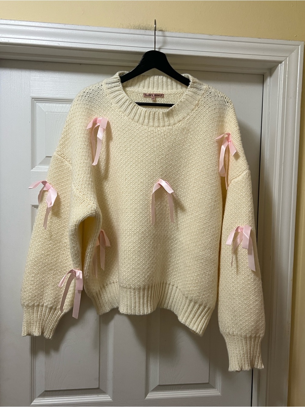 Cream Crewneck Sweater with Pink Ribbon Bows - Picture 2 of 8